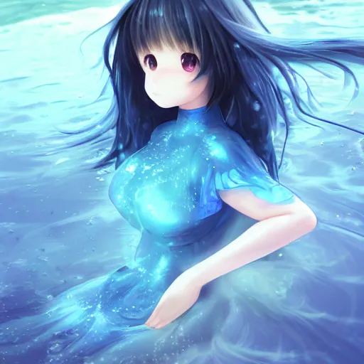 Image similar to 3D advanced digital art, a very cute anime girl wearing a dress made of water sleeping in a shell , full body, very long black hair, azure blue watery eyes, full round face, cinematic lighting, mid-shot, highly detailed, trending on pixiv, Steven Artgerm Lau, WLOP, Rossdraws, James Jean, Andrei Riabovitchev, totorrl, Marc Simonetti, visual key, and Sakimichan