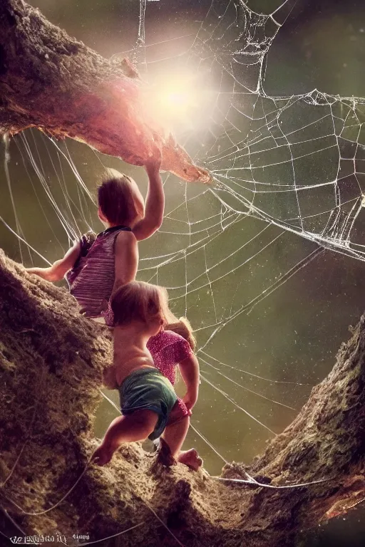 Image similar to Tiny humans climbing on a spiders web, dewdrops, macro, dramatic lighting, cinematic, establishing shot, extremely high detail, foto realistic, cinematic lighting, post processed, concept art, high details, cinematic, 8k resolution, beautiful detailed, photorealistic, digital painting, artstation, concept art, smooth, sharp focus, artstation trending, octane render, unreal engine