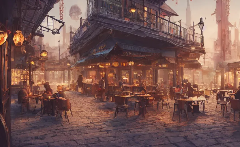 Image similar to a cozy relaxed cafe, looking out at the bustling underbelly of a thriving steampunk city by james paick, trending on cgsociety, unreal engine, 4 k wallpaper