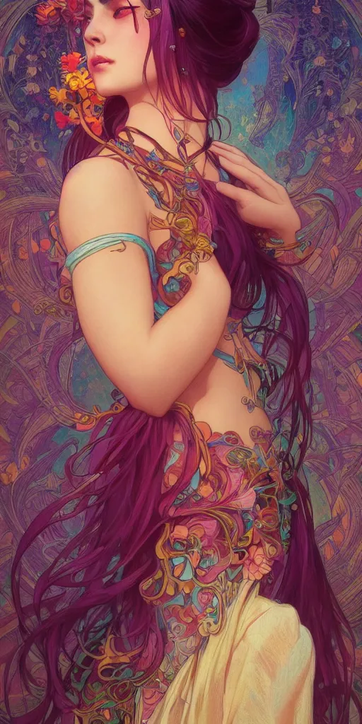 Prompt: beautiful, young woman, sad eyes, tears running down, vaporwave aesthetic, synthwave, colorful, psychedelic, long gown, ornate, intricate, digital painting, artstation, concept art, smooth, sharp focus, illustration, art by artgerm and greg rutkowski and alphonse mucha