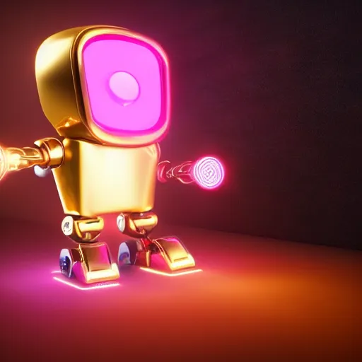 Prompt: gold blue pink black cute robot glowing , 3D render, dark smooth background, studio lighting, vivid colors, unreal engine