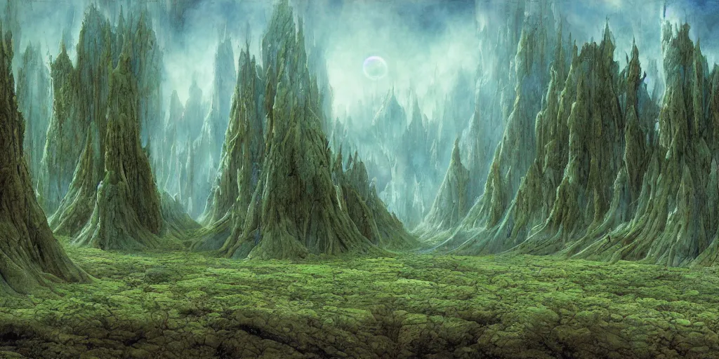 Image similar to Artwork by John Howe of the cinematic view of the Celestial Forest of Buried Enchantments.