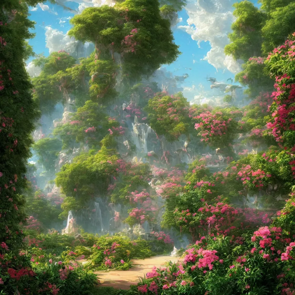 Image similar to very detailed and perfectly readable fine and soft relevant outlines soft edges painting by beautiful walt disney animation films of the late 1990s and Thomas Cole in HD, we see a futuristic giant military design boeing architecture in a french perfect garden, nice lighting, perfect readability, UHD upscale