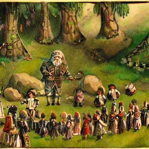 Prompt: a beatiful dwarven festival in 1917 in a fertile green park with surreal elven nature, a gnome rock band concert and dwarven BBQ