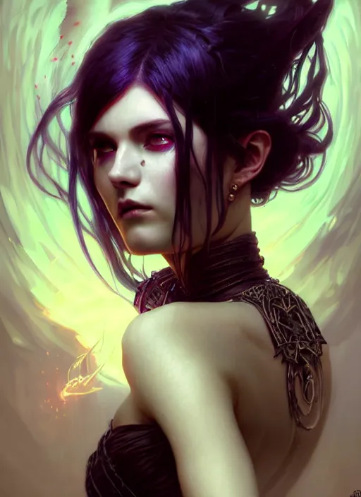 Image similar to Necromancer Sorceress, fantasy magic, undercut hairstyle, dark light night, intricate, elegant, sharp focus, illustration, highly detailed, digital painting, concept art, matte, art by WLOP and Artgerm and Greg Rutkowski and Alphonse Mucha, masterpiece