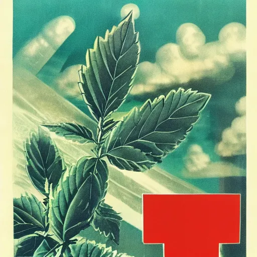 Image similar to a soviet era propaganda poster depicting marijuana