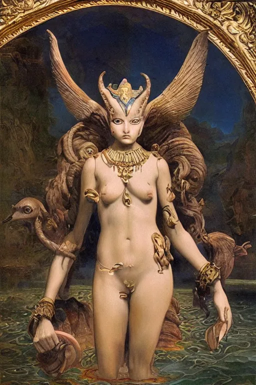 Image similar to Baroque painting of Bastet in a lake, inspired by Gustav Moreau and Wayne Barlowe, exquisite detail, hyper realism, ornate, exquisite detail, cute face