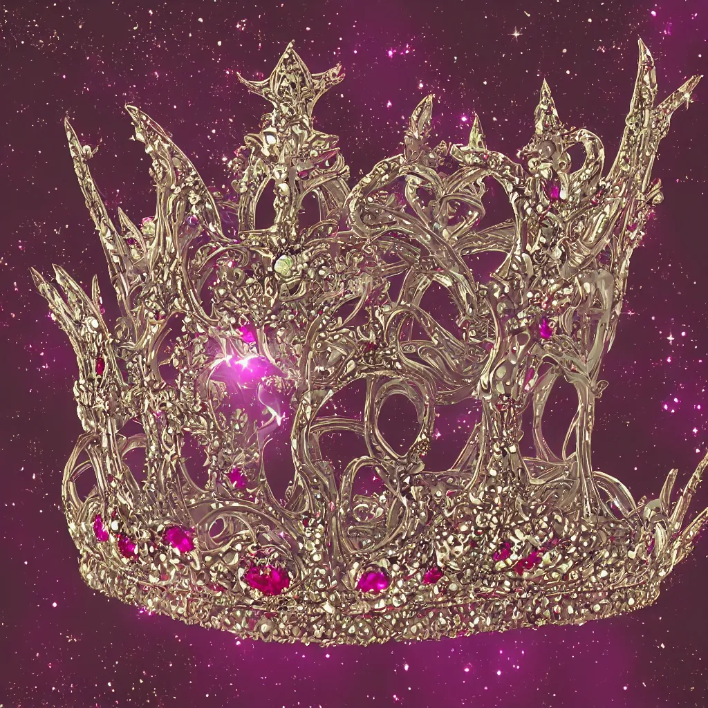 Prompt: a beautiful photorealistic queen's crown design made of platinum glowing in sparkles with heavenly notes neo rococo, diamond and ruby, highly detailed sailor moon aesthetic, fantasy, intricate, elegant, highly detailed, digital painting, artstation, concept art, matte, sharp focus, illustration, in the style of aetherpunk
