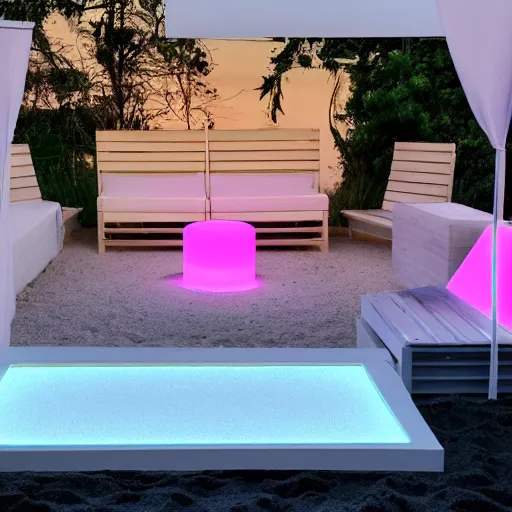 Image similar to An ultra high definition, professional photograph of an outdoor partial IKEA showroom inspired sculpture with a white outdoor dot matrix light sign displaying an emoji, located on a pastel pink beach ((with pastel pink, dimpled sand where every item is pastel pink. )) The sun can be seen rising through a window in the showroom. The showroom unit is outdoors and the floor is made of dimpled sand. The showroom unit takes up 20% of the frame and is surrounded by barren beach environment. A square dot matrix sign displays an emoji somewhere in the scene. Morning time indirect lighting with on location production lighting on the showroom. In the style of wallpaper magazine, Wes Anderson.