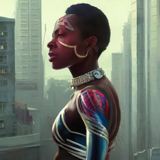 Image similar to highly detailed portrait of an african american woman in superhero costume in gta v, stephen bliss, unreal engine, fantasy art by greg rutkowski, loish, rhads, ferdinand knab, makoto shinkai and lois van baarle, ilya kuvshinov, rossdraws, tom bagshaw, global illumination, radiant light, detailed and intricate environment