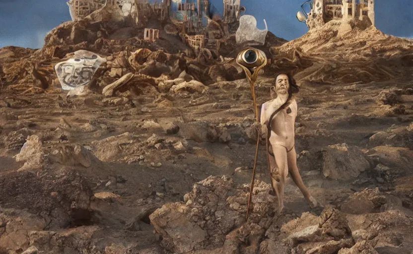 Image similar to salvador dali wearing a great crown with blue jewels and a scepter in a dry rocky desert landscape, visible sky and sunny atmosphere, alien city ruins in the background, film still from the movie by alejandro jodorowsky with cinematogrophy of christopher doyle and art direction by hans giger, anamorphic lens, kodakchrome, very detailed photo, 8 k