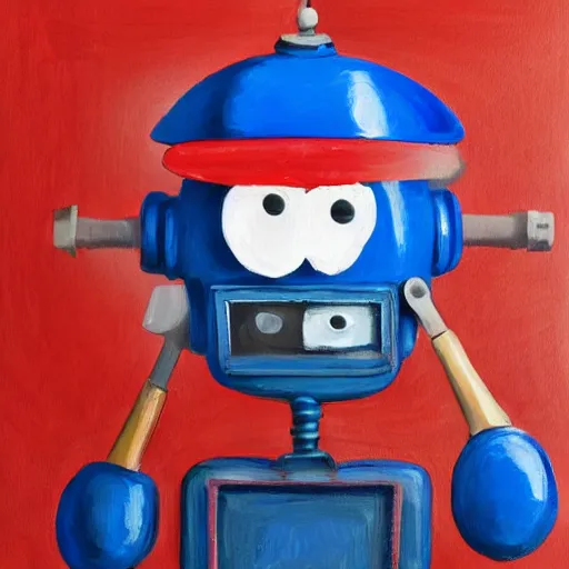 Image similar to Cute blue robot with moustache and red french beret. He is holding a paint brush. photorealism