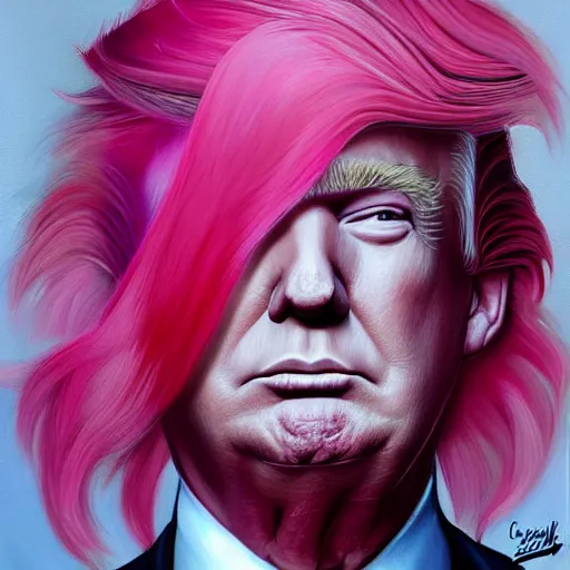 Prompt: painting of donald trump with pink hair portrait charlie bowater style