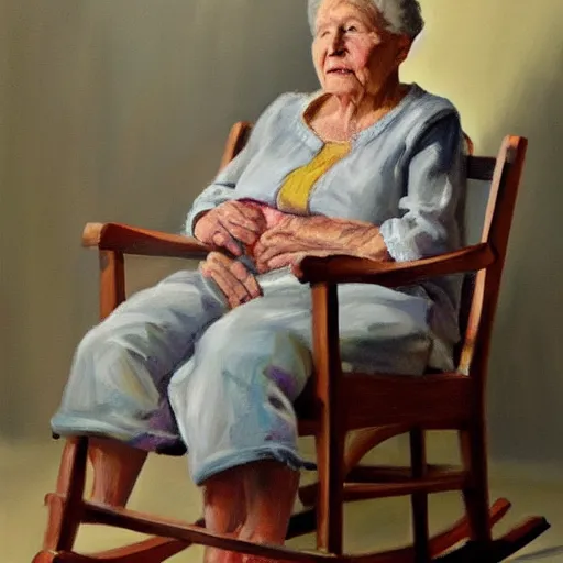 Image similar to painting in the zandinsky style of a grandmother sitting in a rocking chair, surrounded by her grandchildren, while she tells them a story, hiperrealism, artstation