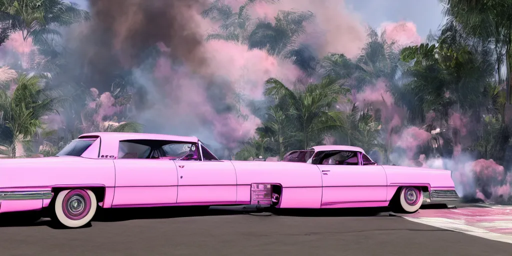 Prompt: a pink cadillac with white stripes on fire, 8k, unreal engine