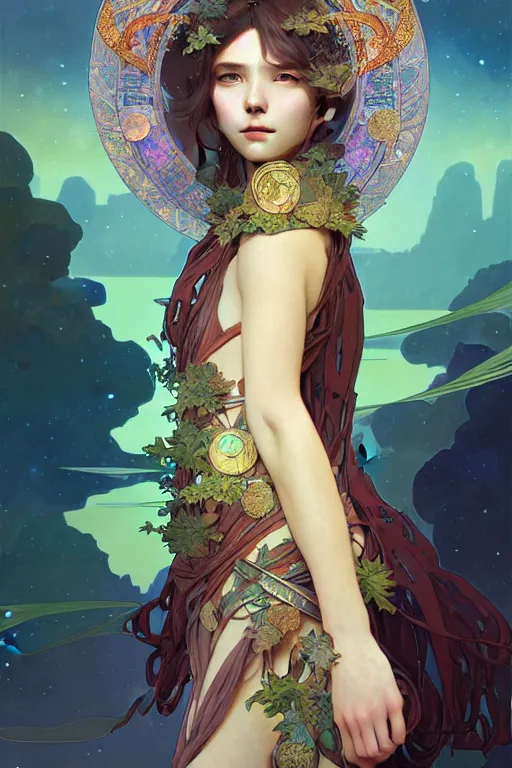 Image similar to beautiful ancient girl in makeshift leaf armor, deep space, another world, highly detailed, digital painting, artstation, sharp focus, illustration, art by tan zi and ayanamikodon and alphonse mucha and wlop