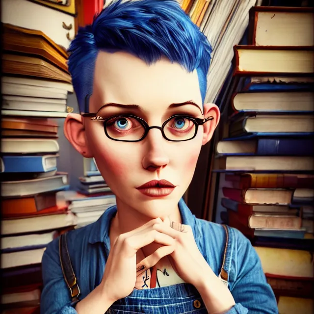 Image similar to full body pose, beautiful adult book fairy, pixar, short white hair shaved sides, dirty, grungy, grunge, long sleeve, painted overalls, stacks of giant books, highly detailed, 4 k, hdr, smooth, sharp focus, high resolution, award - winning photo, artgerm, photorealistic