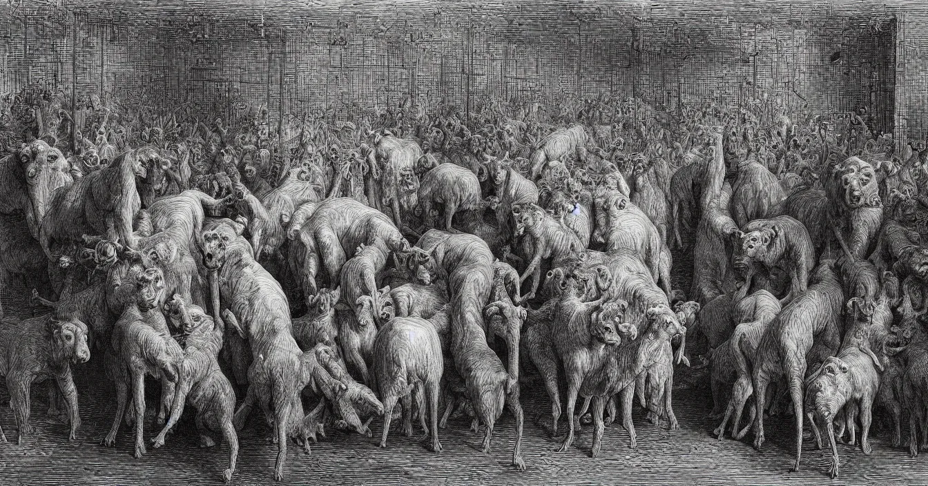 Image similar to One hundred politicians are locked in a cage in the zoo, the other animals are free to graze outside the cage, by Gustave Dore