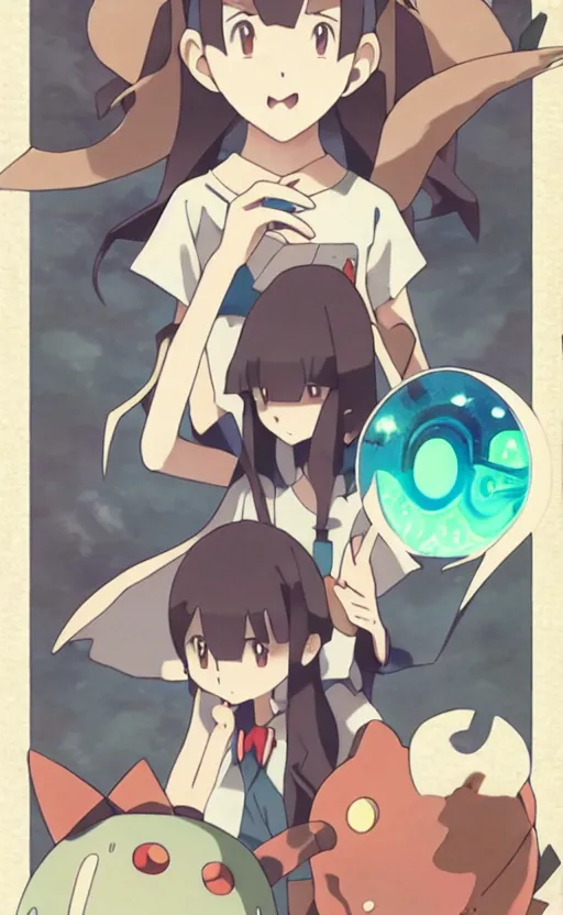 Image similar to an alternative pokemon go card from 1 9 5 0, illustration, concept art, anime key visual, trending pixiv fanbox, by wlop and greg rutkowski and makoto shinkai and studio ghibli and kyoto animation and ken sugimori, symmetrical facial features, cute pocket monster, box art