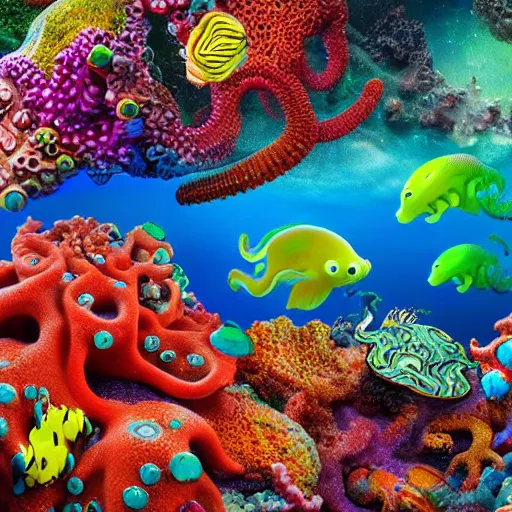 Prompt: a group of cephalopod - like alien creatures swim through a vividly colorful complex diverse bright dense coral reef in the ocean of an alien world, coral, coral reef, sealife, alien oceans, alien worlds, 4 k resolution, ultra realistic, hyperdetailed, photorealism, trending on artstation