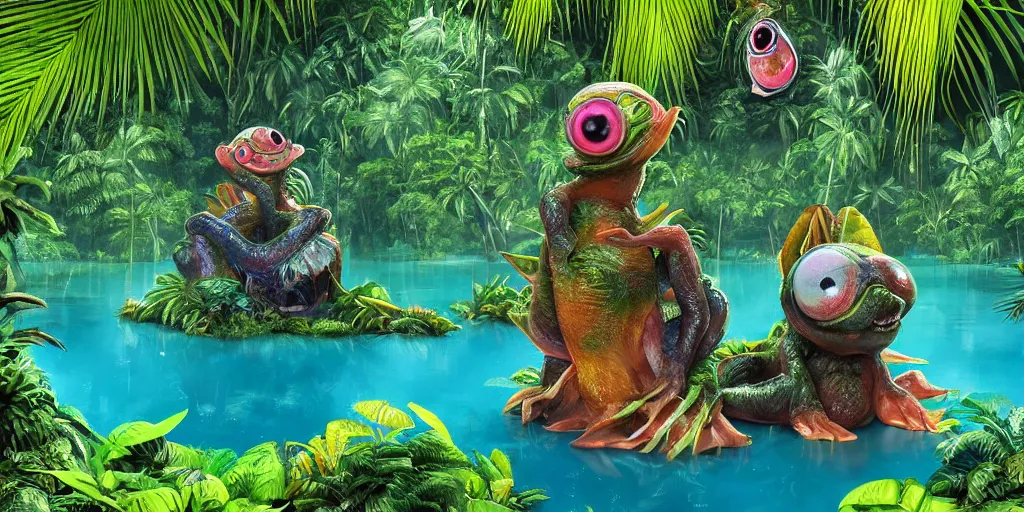 Image similar to of a tropical rainforest lake with strange cute friendly happy creatures with huge eyes, mouth, long tongue, round teeth and goofy face, appearing from the water, in the style of gehry and gaudi, macro lens, shallow depth of field, ultra detailed, digital painting, trending artstation, concept art, illustration, cinematic lighting, photorealism, epic, octane render