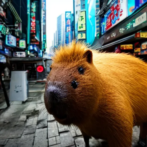 Image similar to capybara drinking bubble tea in cyberpunk seoul