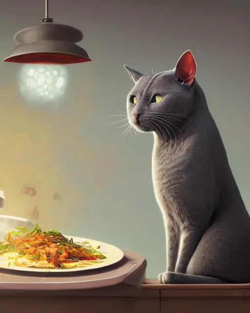 Image similar to highly detailed surreal vfx portrait of a grey cat with chefs hat on cooking a meal, stephen bliss, unreal engine, greg rutkowski, loish, rhads, beeple, makoto shinkai and lois van baarle, ilya kuvshinov, rossdraws, tom bagshaw, alphonse mucha, global illumination, detailed and intricate environment