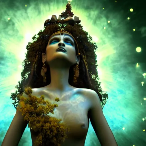 Image similar to earth goddess performing a ritual. photorealistic, cinematic, filmic, volumetric lighting