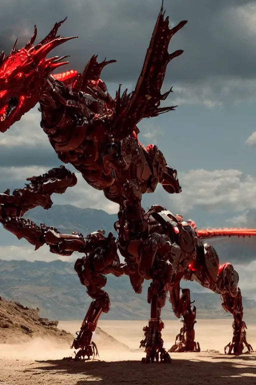 Image similar to cinematic still of westworld, a full body red si - fi robotic fantasy dragon, well armored mech dragon, highly detailed