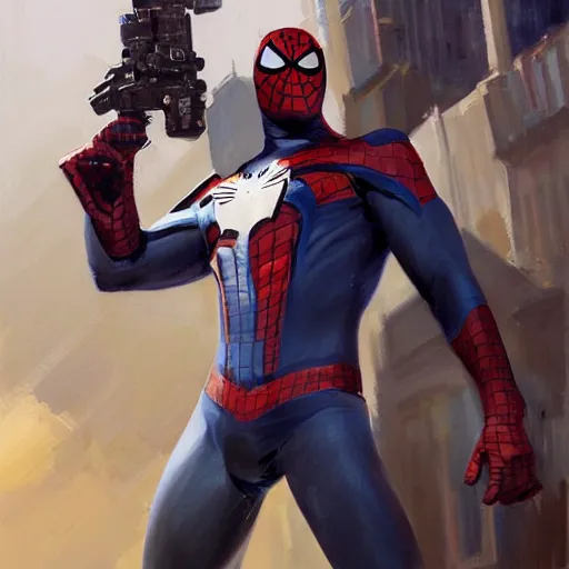 Image similar to greg manchess portrait painting of partially armored punisher spiderman as overwatch character, medium shot, asymmetrical, profile picture, organic painting, sunny day, matte painting, bold shapes, hard edges, street art, trending on artstation, by huang guangjian, gil elvgren, ruan jia, greg rutkowski, gaston bussiere