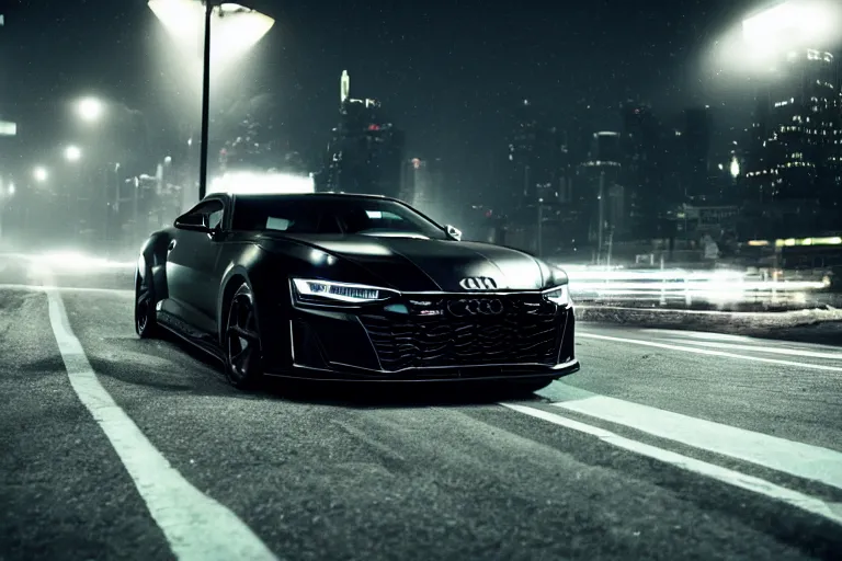 Image similar to widebody all black audi camaro b 9 ( 2 0 2 0 ), need for speed : carbon, at night, sci - fi, neon lines, phonk music background, smoke behind wheels, noise, dark, establishing shot, by simon stalenhag