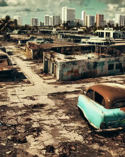 Image similar to wide angle shot of dilapidated fallout 5 miami, tropical coastal city in real life, desolate, dilapidated, empty streets, some rusted retro futuristic vintage styled parked vehicles like cars, buses, trucks, trams, sunny weather, few clouds, volumetric lighting, photorealistic, daytime, spring, sharp focus, ultra detailed,