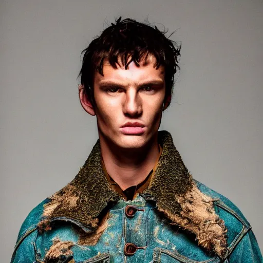 Image similar to an award - winning closeup photo of a male model wearing a baggy teal distressed medieval cloth menswear jacket by alexander mcqueen, 4 k, studio lighting, wide angle lens