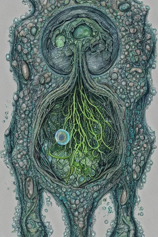 Image similar to internal ciliate lymphocyte virion rawandrendered synaptic transmission embryonic beholder neural shoggoth by kumpan alexandr, iridescent # imaginativerealism