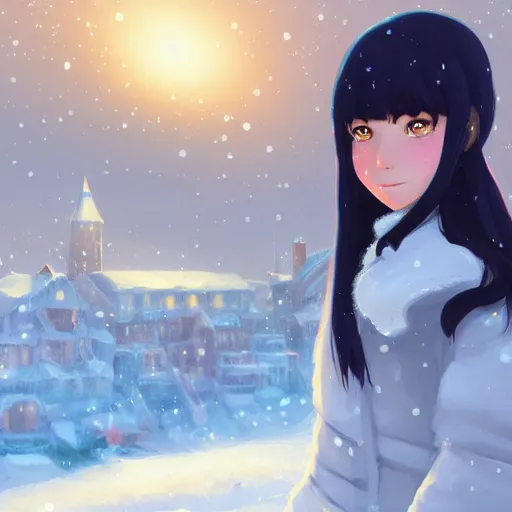 Image similar to teen girl with long black hair and bangs, detailed facial features, beautiful face, snowy winter village in the background, digital painting, artstation, highly detailed, by makoto shinkai and thomas kindle and James gilleard