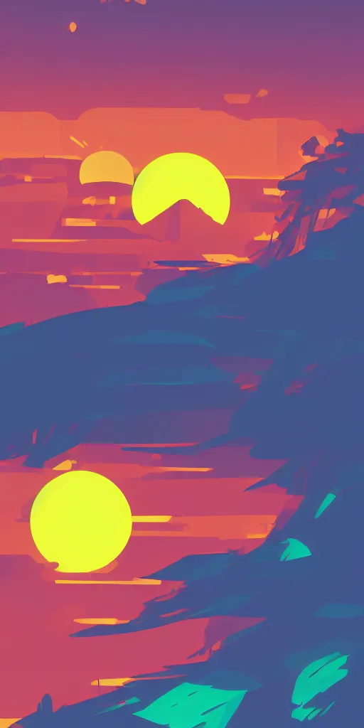 Image similar to a beautiful sunset, 2d minimalist vector art, high contrast neon cyberpunk palette, hd phone wallpaper