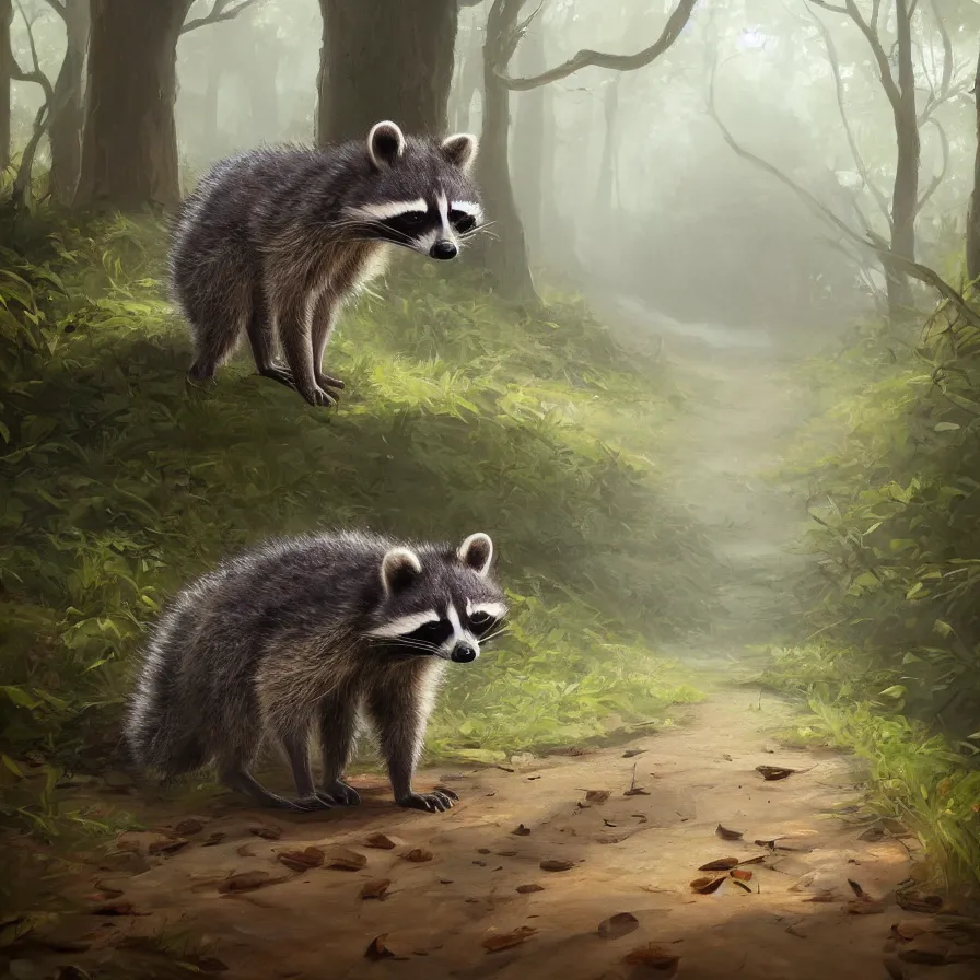 Prompt: A little baby raccoon walks in the woods, trending on artstation, 30mm, by Noah Bradley