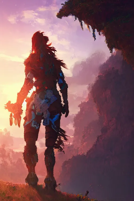 Image similar to combination suit armor aloy horizon forbidden west horizon zero dawn radiating a glowing aura global illumination ray tracing hdr fanart arstation by ian pesty and alena aenami artworks in 4 k tribal robot ninja mask helmet backpack