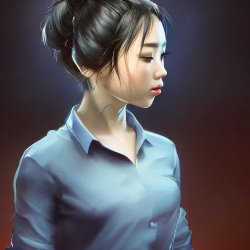 Image similar to a photorealistic hyperrealistic, bright blue eyes, light asian young girl, ponytail hair, flawless face, asian eyes, cute face, black turtle neck shirt, by wlop, artgerm, greg rutwoski, alphonse mucha, beautiful dynamic dramatic low - light moody lighting, cinematic atmosphere, artstation, concept design art, octane render, 8 k