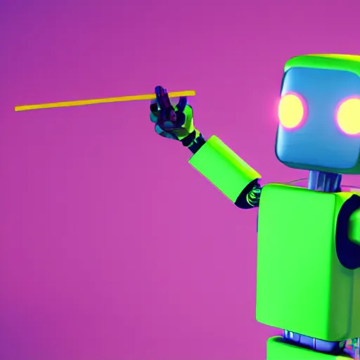 Image similar to a photorealistic 3 d render made in blender of a colourful friendly robot being poked in the eye by a man with a stick. background is a purple gradient