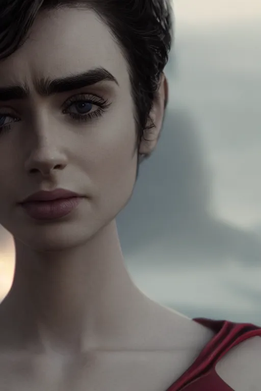 Image similar to a fancy close up of Man of Steel cast as Lily Collins by Greg Rutkowski, Sung Choi, Mitchell Mohrhauser, Maciej Kuciara, Johnson Ting, Maxim Verehin, Peter Konig, 8k photorealistic, cinematic lighting, HD, high details, dramatic, trending on artstation, full body shot