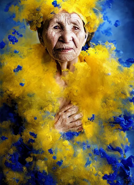 Image similar to crying old ukrainian woman!!!!, fully covered in yellow and blue clouds!!!, disarming, enchanting, fragile, hopeful, cloudcore, portrait, by kim keever