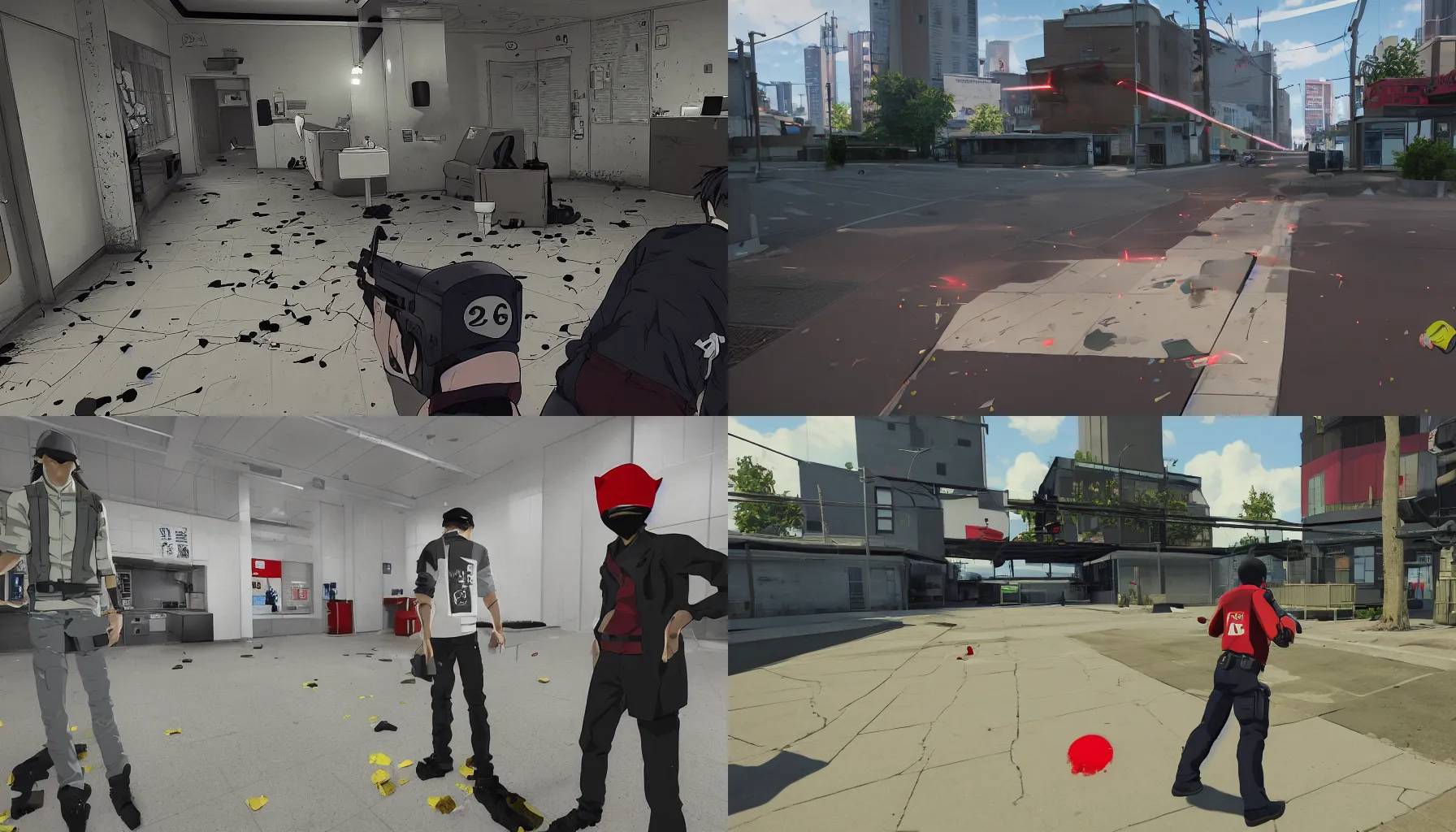 Prompt: a screenshot of a trade between Police and bank robbers in a 128 vs 128 multiplayer stealth first person bank robbery simulator game, set in 1999, anime style graphics inspired by Akira + Heat + FLCL, Unreal engine 5, anime bullet vfx, bullet holes, Highly Detailed, Vibrant, created by Arc System Works + Hideo Kojima + Studio Gainax