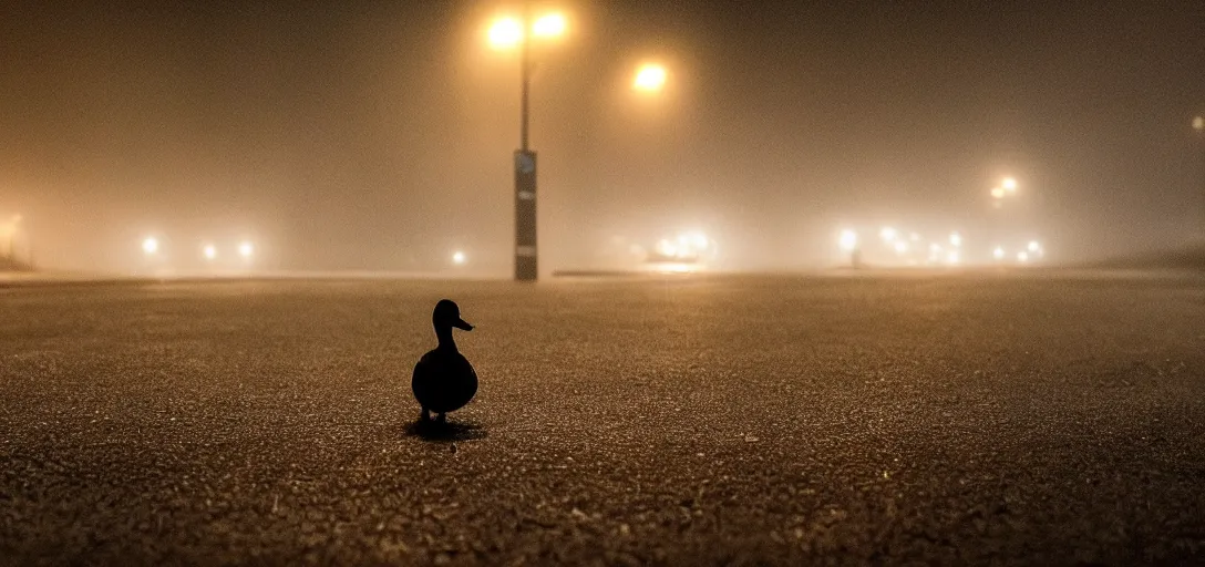 Prompt: close - up of a lonely duck under a street light, fog, cinematic shot, still from a movie by bong joon - ho