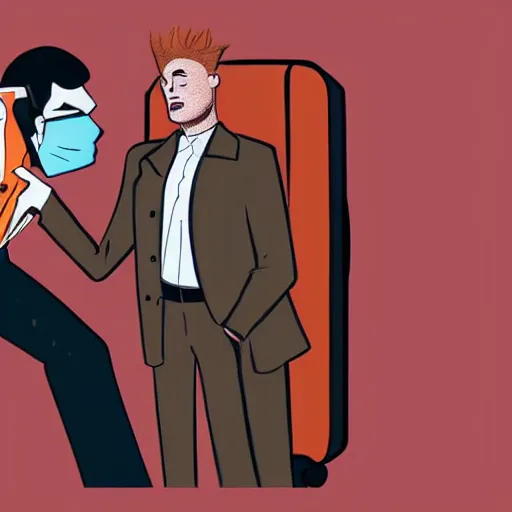 Prompt: brown suitcase containing domino mask being opened by a ginger caucasian male in a brown suit, jorge fornes artstyle, colorful, somber