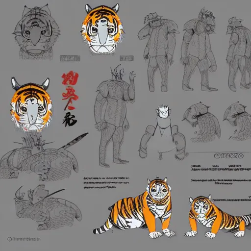 Prompt: Tiger man inspired by Studio Ghibli, Character reference Sheet