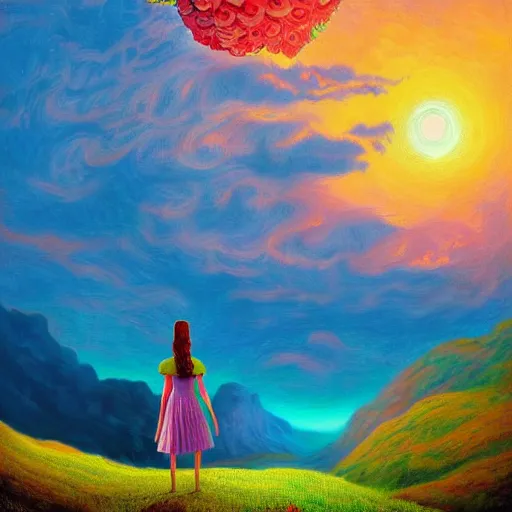 Image similar to giant flower head, frontal, woman standing on mountain, surreal photography, sunrise, colorful clouds, impressionist painting, digital painting, artstation, rob gonsalves