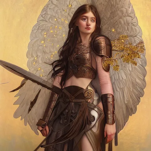 Prompt: portrait of young aasimar angel girl maiden wearing comfy leather armor with beautiful feathered angel wings, brown eyes, by artgerm and greg rutkowski and alphonse mucha and andrei riabovitchev and Rossdraws and Bluesssatan and Mandy Jurgens and Stjepan Sejic, 4k oil on linen, vivid colors, colorful, photorealistic, high dynamic range, HDR, intricate, elegant, highly detailed, digital painting, artstation, concept art, smooth, sharp focus, illustration, mid-shot, medium shot, hyperdetailed