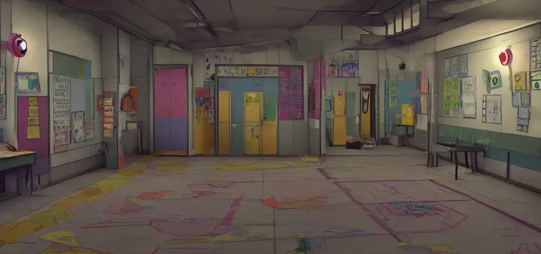 Image similar to Look of Danganronpa school interior, colorful hallway, cartoon moody scene, made in blender, 8k, many details reminiscent of school and despair