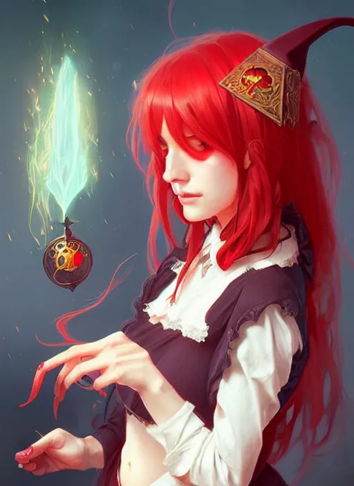 Prompt: portrait cute adult female witch student, magic university school dress, bangs red hair, illustration, highly detailed, digital painting, concept art, matte, art by wlop and artgerm and greg rutkowski and alphonse mucha